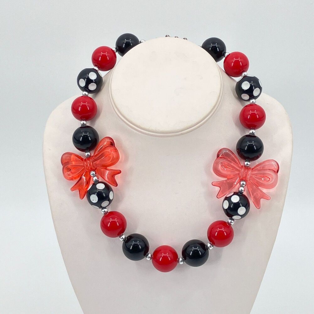 Fun Red Black Plastic Retro Chunky Ball Bow Necklace, Heart Toggle Closure, Twee